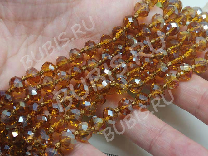 (ОПТ) Бусина Абакус кристалл гранёный 8*8*5,5мм т.золотистый с АВ прозрачный (имитация Сваровски) (НИТЬ)