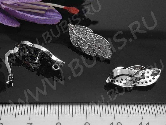 Замочек-застёжка №48 Листик на 1 нить с кубическим цирконием 22*9,5*8мм цвет платины и прозрачный (Milano LUX) (Brass и фианиты)