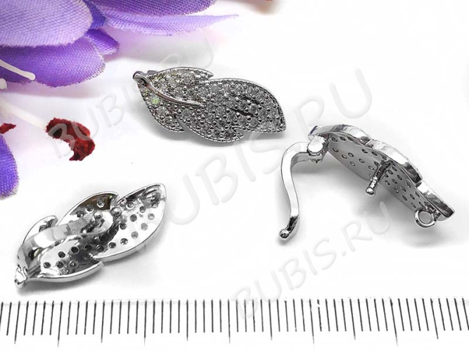 Замочек-застёжка №48 Листик на 1 нить с кубическим цирконием 22*9,5*8мм цвет платины и прозрачный (Milano LUX) (Brass и фианиты)