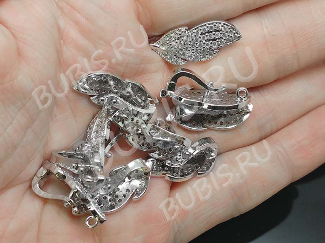 Замочек-застёжка №48 Листик на 1 нить с кубическим цирконием 22*9,5*8мм цвет платины и прозрачный (Milano LUX) (Brass и фианиты)