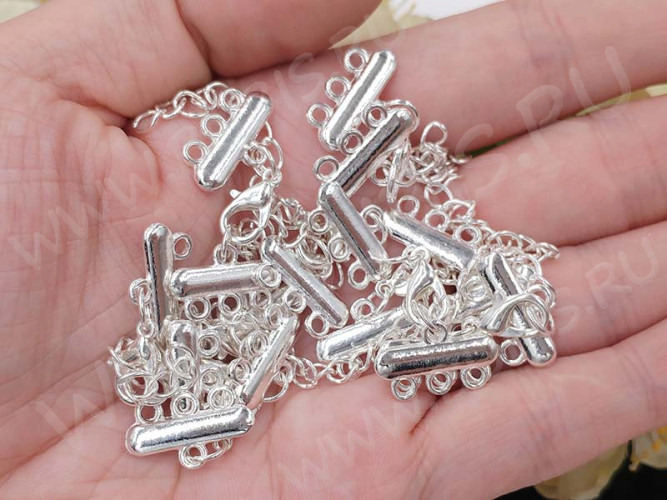 Замочек карабин №065 с коннекторами на 3 нити 35*18мм и удлиняющей цепочкой серебристый (литьё, Brass и Iron)