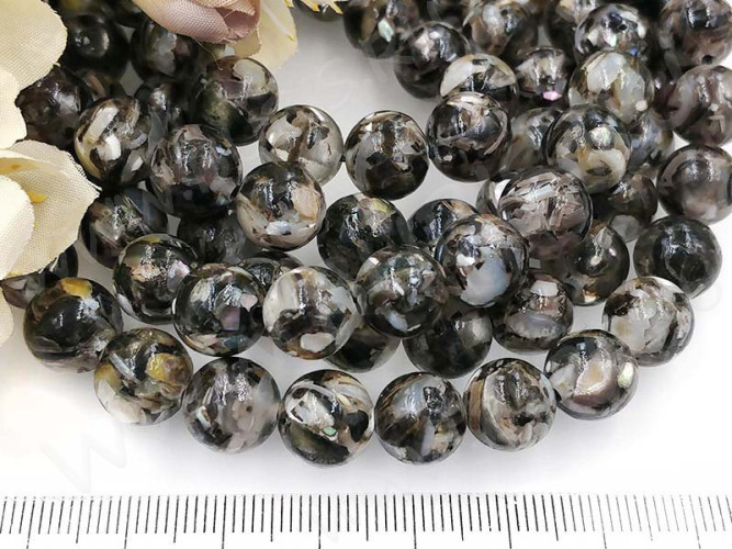 (ОПТ) Бусина округлая Мозаика 06 с перламутром 10мм т.серо-бежевый (камни) (НИТЬ)