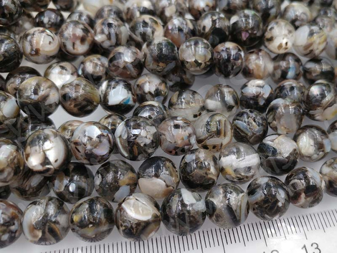 (ОПТ) Бусина округлая Мозаика 06 с перламутром 10мм т.серо-бежевый (камни) (НИТЬ)