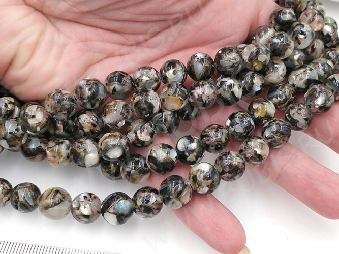 (ОПТ) Бусина округлая Мозаика 06 с перламутром 10мм т.серо-бежевый (камни) (НИТЬ)