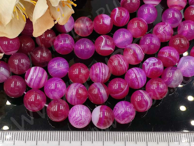 (ОПТ) Бусина округлая ГЛАДКАЯ 10мм Агат Мадагаскарский фуксия с молочным (камни) (НИТЬ)