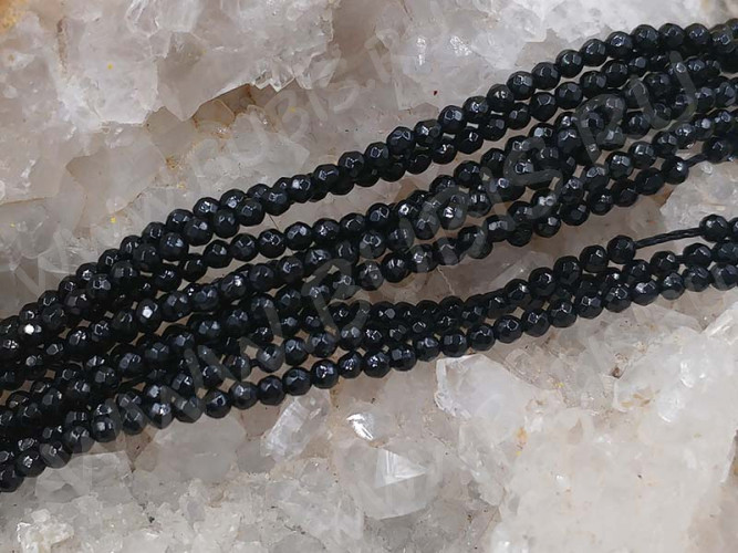 (ОПТ) Бусина округлая ГРАНЁНАЯ "каменный бисер" 3мм Шпинель черная (камни LUX) (НИТЬ)