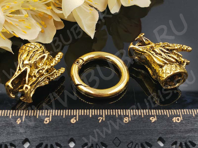 Замочек карабин №054 кольцо с концевиками Драконы 75*25*21мм античное золото (литьё)