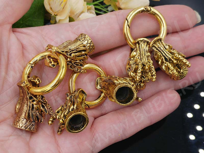 Замочек карабин №054 кольцо с концевиками Драконы 75*25*21мм античное золото (литьё)