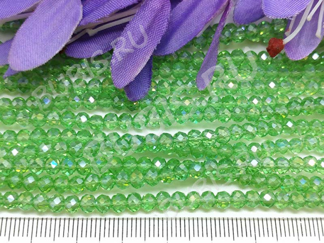 Бусина кристалл гранёный абакус 4,3*4*3,5мм св.зелёный с АВ прозрачный (имитация Сваровски) (20шт.)