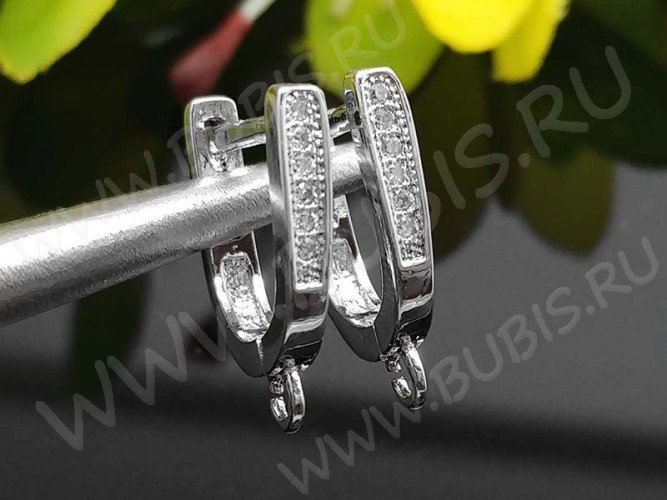 Швензы с английским замком №54 серебро с пробой 925 и кубическим цирконием 16*12,5*2,5мм цвет платины и прозрачный (Sterling Silver) (1 пара)