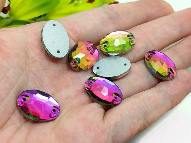 Декоративный элемент 076 Страз пришивной коннектор овальный 18*13*5мм Хамелеон радужный (стекло)