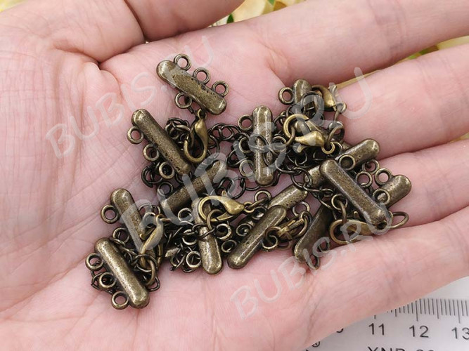 Замочек карабин №065 с коннекторами на 3 нити 35*18мм и удлиняющей цепочкой античная бронза (литьё, Brass и Iron)