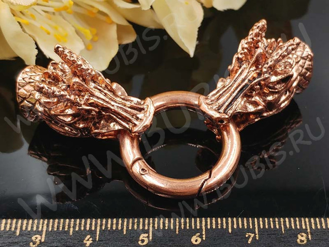 Замочек карабин №054 кольцо с концевиками Драконы 75*25*21мм медный (литьё)