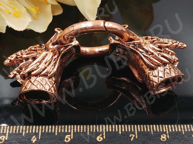 Замочек карабин №054 кольцо с концевиками Драконы 75*25*21мм медный (литьё)