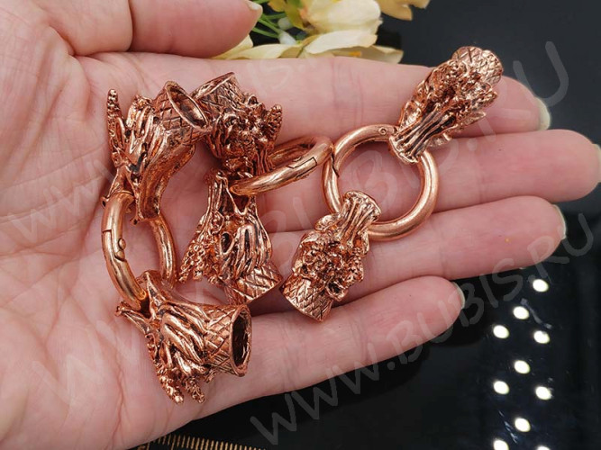 Замочек карабин №054 кольцо с концевиками Драконы 75*25*21мм медный (литьё)