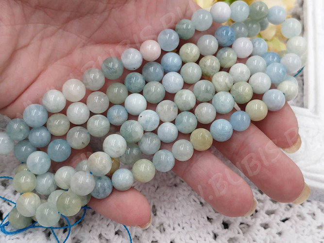 (ОПТ) Бусина округлая гладкая 8мм Аквамарин натуральный (камни LUX) (НИТЬ)