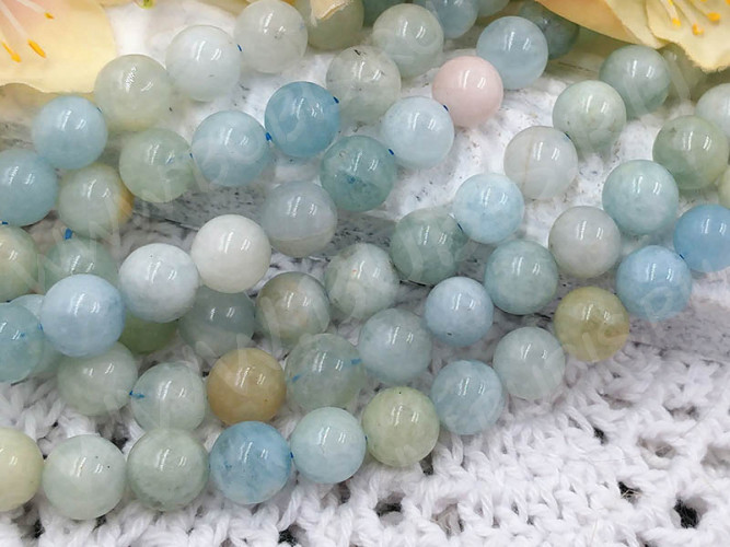 (ОПТ) Бусина округлая гладкая 8мм Аквамарин натуральный (камни LUX) (НИТЬ)