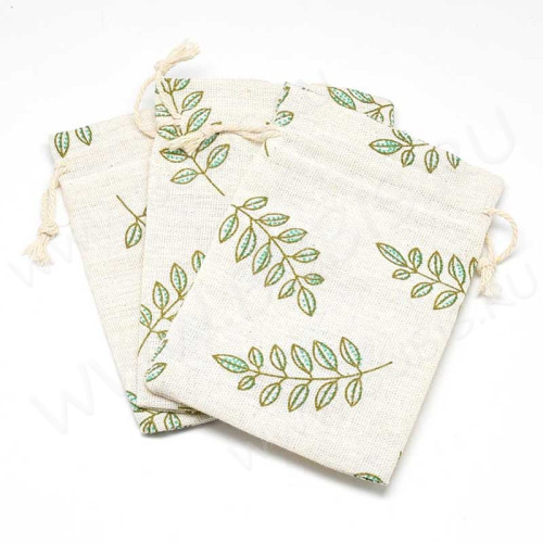 Мешочек холщовый 10 14*10см льняной с листиками (ткань) (упаковка для украшений)