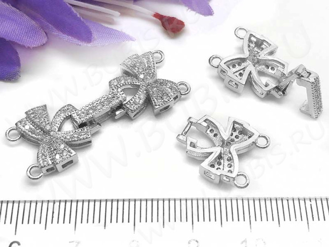Замочек-застёжка №50 Бантик на 2 нити с кубическим цирконием 35*12,5*4,5мм цвет платины и прозрачный (Milano LUX) (Brass и фианиты)