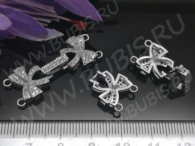 Замочек-застёжка №50 Бантик на 2 нити с кубическим цирконием 35*12,5*4,5мм цвет платины и прозрачный (Milano LUX) (Brass и фианиты)
