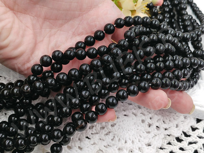(ОПТ) Бусина округлая 8мм Агат чёрный НАТУРАЛЬНЫЙ (камни) (НИТЬ)
