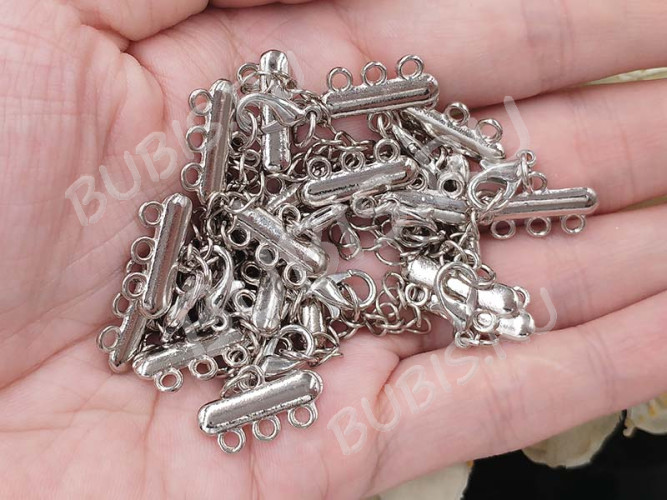 Замочек карабин №065 с коннекторами на 3 нити 35*18мм и удлиняющей цепочкой цвет платины (литьё, Brass и Iron)