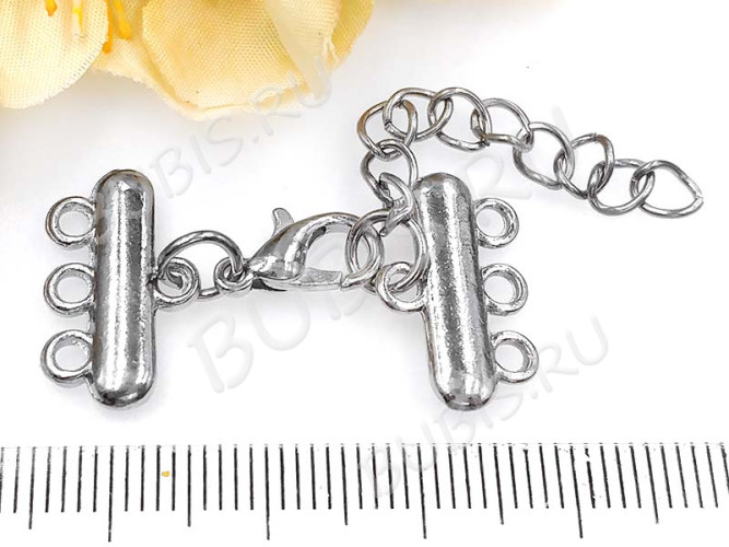 Замочек карабин №065 с коннекторами на 3 нити 35*18мм и удлиняющей цепочкой цвет платины (литьё, Brass и Iron)