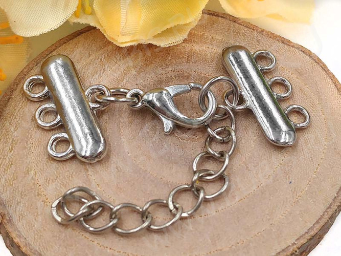 Замочек карабин №065 с коннекторами на 3 нити 35*18мм и удлиняющей цепочкой цвет платины (литьё, Brass и Iron)