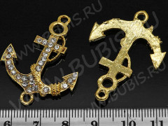 214 Коннектор вставка для браслетов Якорь 37,5*28*4мм золотисто-прозрачная (сплав и стекло)