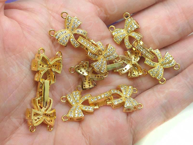 Замочек-застёжка №51 Бантик на 2 нити с кубическим цирконием 35*12,5*4,5мм золотистый и прозрачный (Milano LUX) (Brass и фианиты)