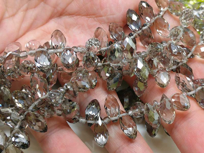 (ОПТ) Подвеска Капля гранёная 12*6*5,5мм Хрусталь Раухтопаз прозрачный (имитация Сваровски) (НИТЬ)