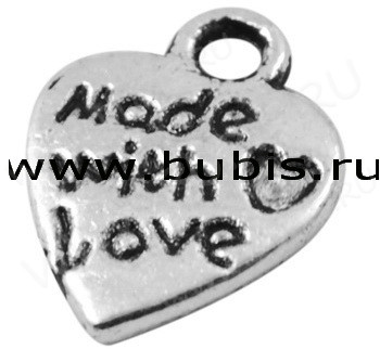 (СКИДКИ!!!) Подвеска Сердечко 18 двусторонняя "Made with love" 12*9,8*1,6мм античное серебро (литьё) (10шт.)