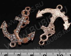 214 Коннектор вставка для браслетов Якорь 37,5*28*4мм розовое золото и прозрачный (сплав и стекло)