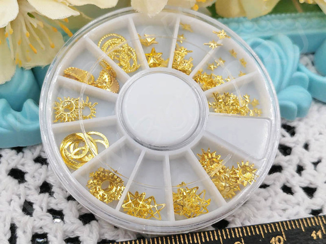Наполнение для смолы и бутылочек 106 фигурки Небесные светила микс 2,5-7мм золотистые в контейнере (декор)