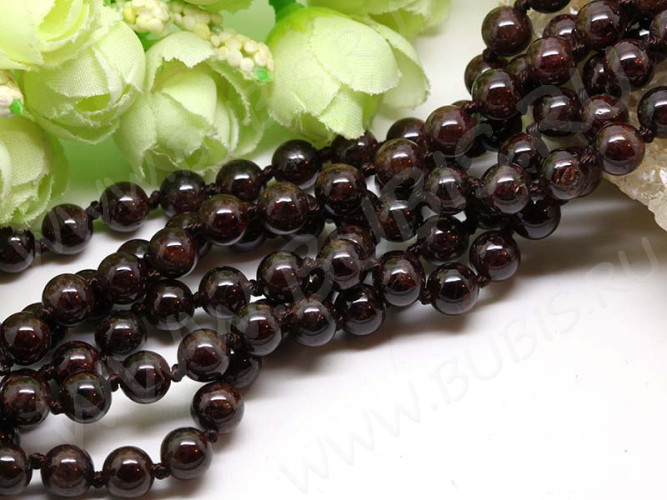 (ОПТ) Бусина округлая 7,5мм "8мм" Гранат тёмный (камни) (НИТЬ)