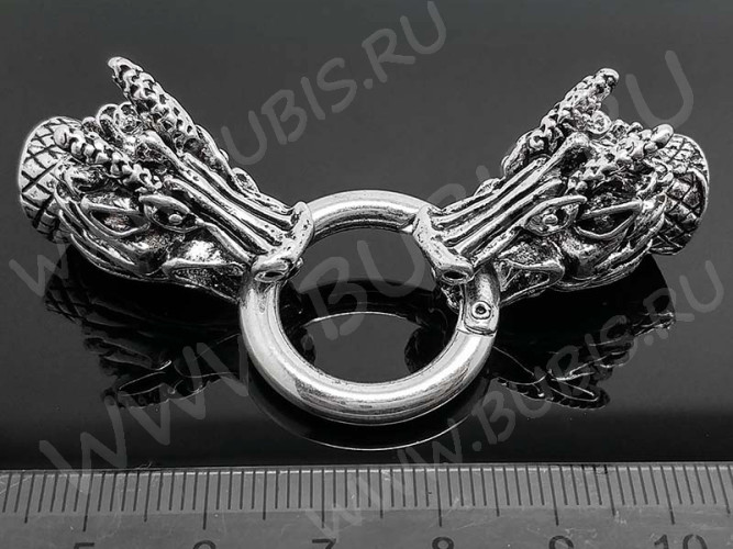 Замочек карабин №054 кольцо с концевиками Драконы 75*25*21мм античное серебро (литьё)