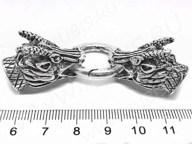 Замочек карабин №054 кольцо с концевиками Драконы 75*25*21мм античное серебро (литьё)