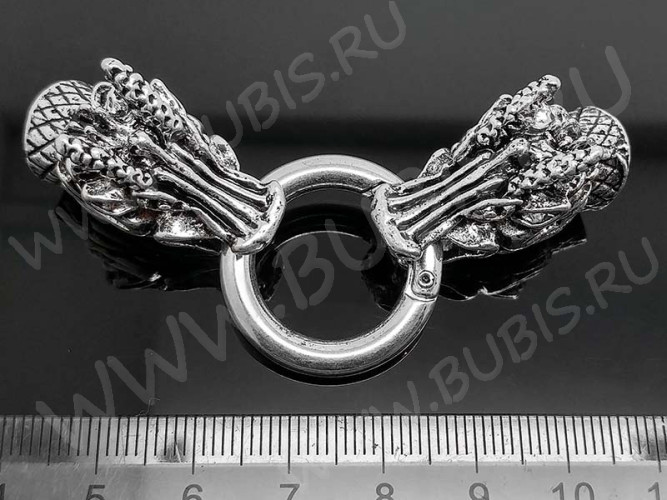 Замочек карабин №054 кольцо с концевиками Драконы 75*25*21мм античное серебро (литьё)