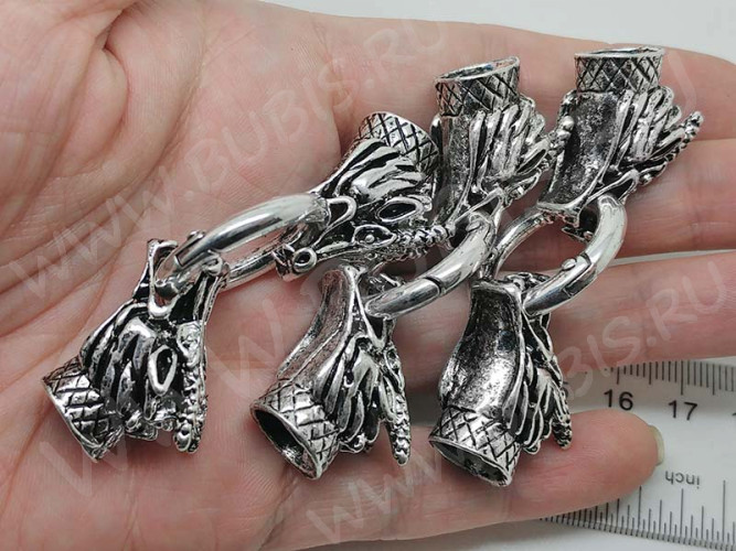 Замочек карабин №054 кольцо с концевиками Драконы 75*25*21мм античное серебро (литьё)