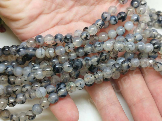 (ОПТ) Бусина округлая 6мм Агат "Вены Дракона" серый (камни) (НИТЬ)