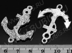 214 Коннектор вставка для браслетов Якорь 37,5*28*4мм серебристо-прозрачная (сплав и стекло)