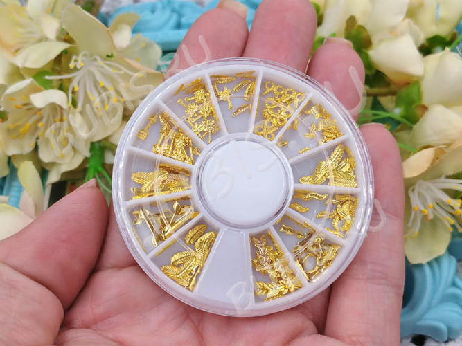 Наполнение для смолы и бутылочек 107 фигурки Перья и стрелы микс 3-8мм золотистые в контейнере (декор)