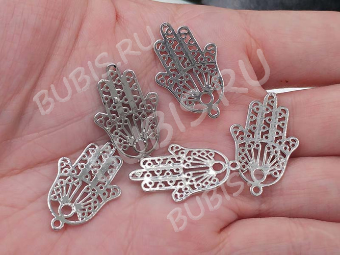 Подвеска Ладошка 03 Хамса ажурная 27*17,5*1мм цвет платины (Корея) (Brass)