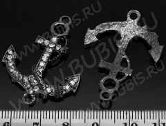 214 Коннектор вставка для браслетов Якорь 37,5*28*4мм чёрный никель и прозрачный (сплав и стекло)