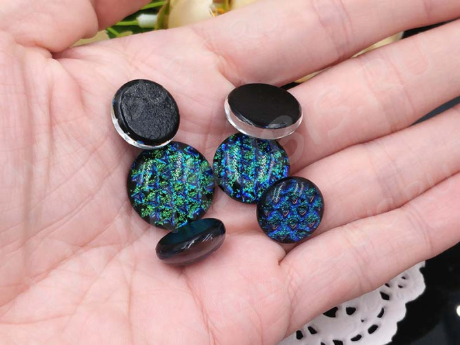 Кабошон Фьюзинг 025 Круглый 12-19мм Дихроик на черном Серо-зелено-синий Узор CU