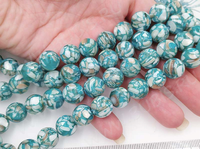 (ОПТ) Бусина округлая Мозаика 07 с перламутром 12мм бирюзовая (камни) (НИТЬ)