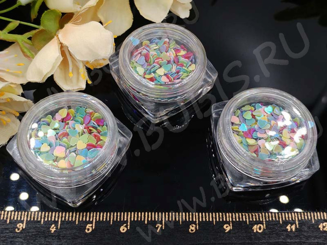 Наполнение для смолы и бутылочек 037 Сердечки 3мм в контейнере 29*29*15мм микс (украшения)