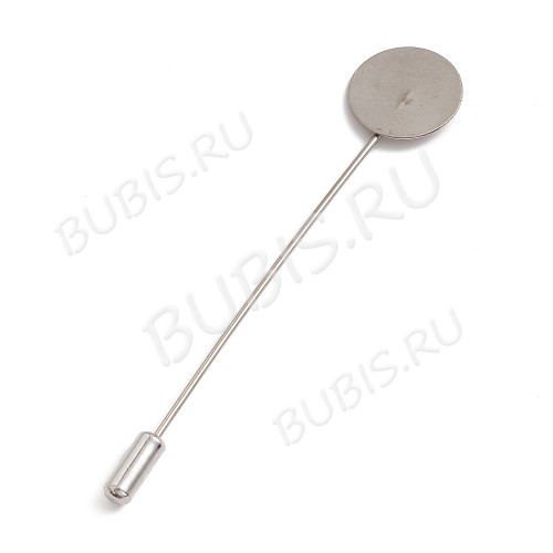 Основа (заготовка) для броши №134 Шляпная булавка с площадкой круг 15мм и заглушкой 77*15*1мм цвет платины (Brass)