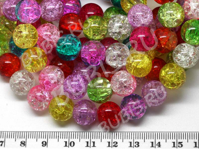 (СКИДКИ!!!) Бусина округлая "Лёд" 12мм яркий МИКС (стекло кракле) (НИТЬ)
