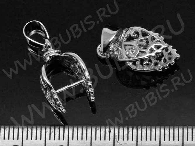 Держатель кулона 024 Листик ажурный 24*10*8,5мм цвет платины (LUX Китай) (Brass)